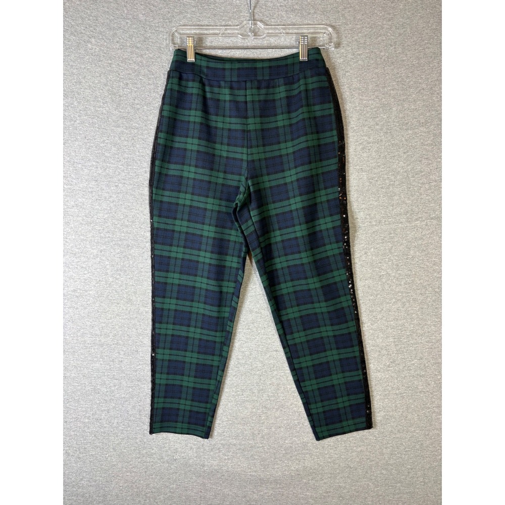 Joan Rivers Red Carpet Black Watch Plaid Sequin Tapered Pants Green Navy Tartan